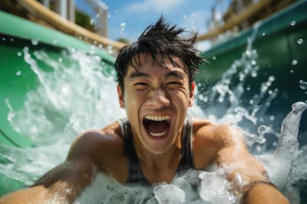 Porträt eines lachenden Mannes an der Wasserrutsche