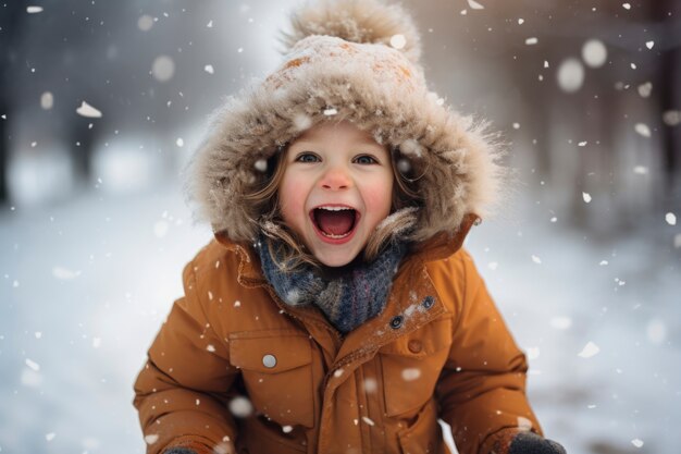 Porträt eines lächelnden Jungen im Winter, während es schneit