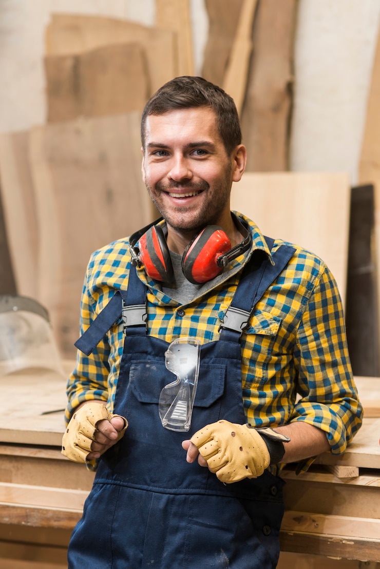Kostenlose Foto porträt eines lächelnden männlichen tischlers, der auf werktisch sich lehnt