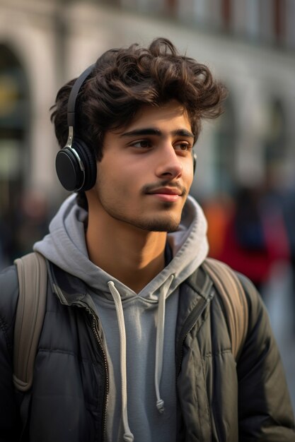 Porträt eines lächelnden Mannes, während er Musik hört