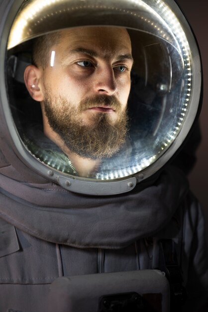 Porträt eines männlichen Astronauten, komplett mit Helm ausgestattet