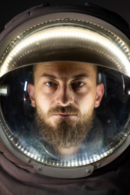 Porträt eines männlichen Astronauten, komplett mit Helm ausgestattet