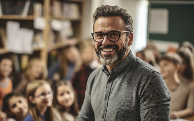 Kostenloses Foto porträt eines männlichen professors, der in der schule unterrichtet