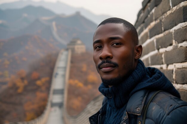 Porträt eines männlichen Touristen, der die Chinesische Mauer besucht