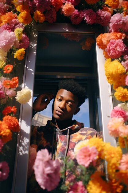 Porträt eines Mannes mit blühenden Frühlingsblumen