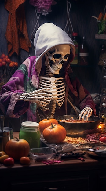 Porträt eines menschlichen Skeletts beim Kochen