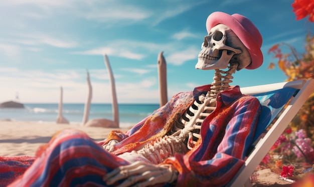 Porträt eines menschlichen Skeletts, das am Strand sitzt