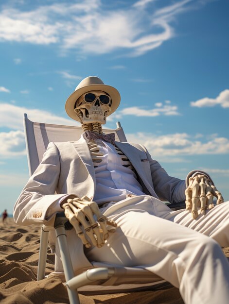 Porträt eines menschlichen Skeletts, das am Strand sitzt