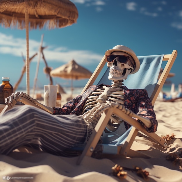 Porträt eines menschlichen Skeletts, das am Strand sitzt