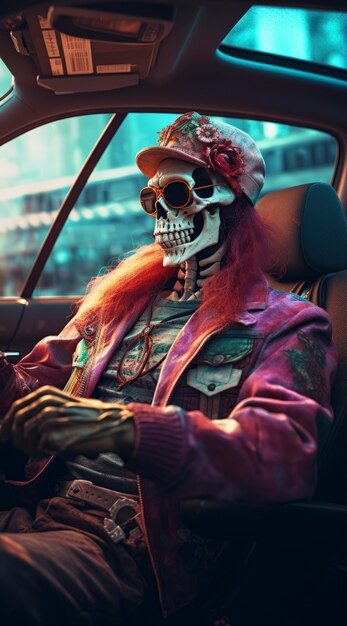Porträt eines menschlichen Skeletts, das ein Auto fährt