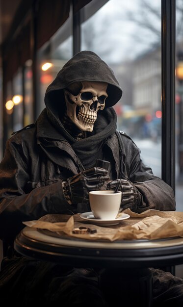 Porträt eines menschlichen Skeletts in einem Café