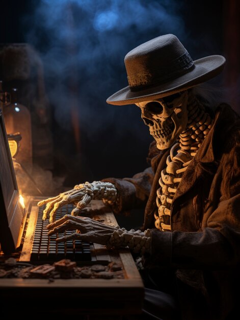 Porträt eines menschlichen Skeletts mit Laptop am Schreibtisch