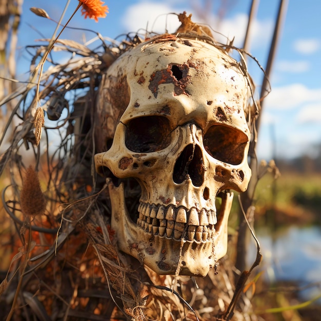 Kostenloses Foto porträt eines menschlichen skelettschädels mit vegetation