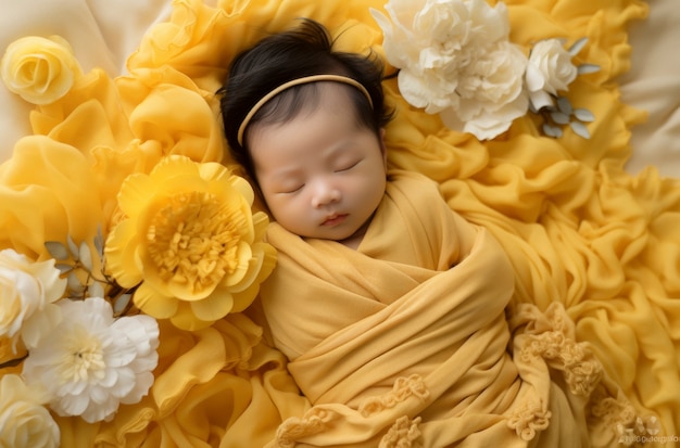 Porträt eines Neugeborenen mit Blumen