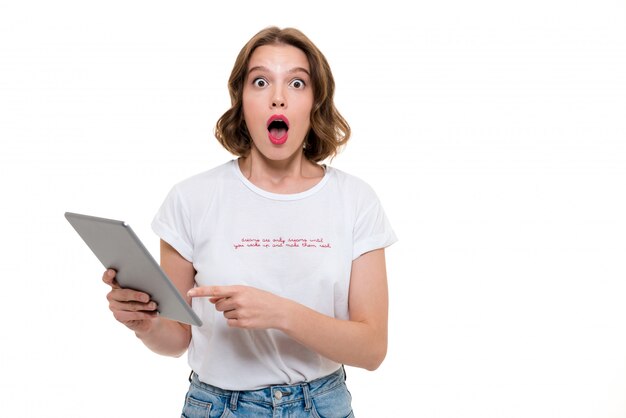 Porträt eines schockierten jungen Mädchens, das Tablet-Computer hält