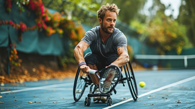 Kostenloses Foto porträt eines sportlichen männlichen tennisspielers im rollstuhl