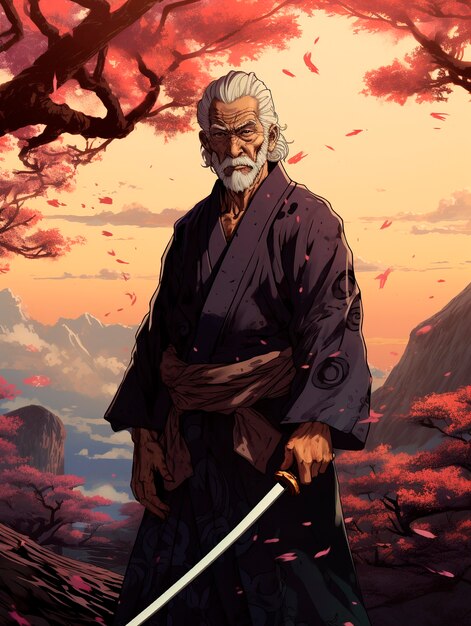 Porträt eines traditionellen japanischen Samurai-Charakters im Anime-Stil