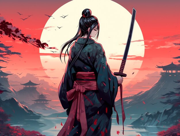 Porträt eines traditionellen japanischen Samurai-Charakters im Anime-Stil