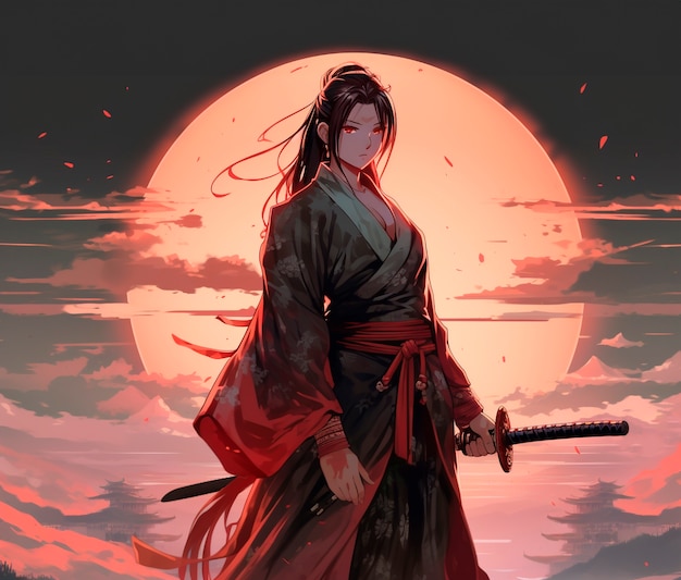 Porträt eines traditionellen japanischen Samurai-Charakters im Anime-Stil