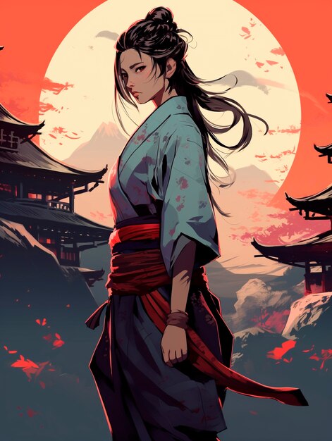 Porträt eines traditionellen japanischen Samurai-Charakters im Anime-Stil