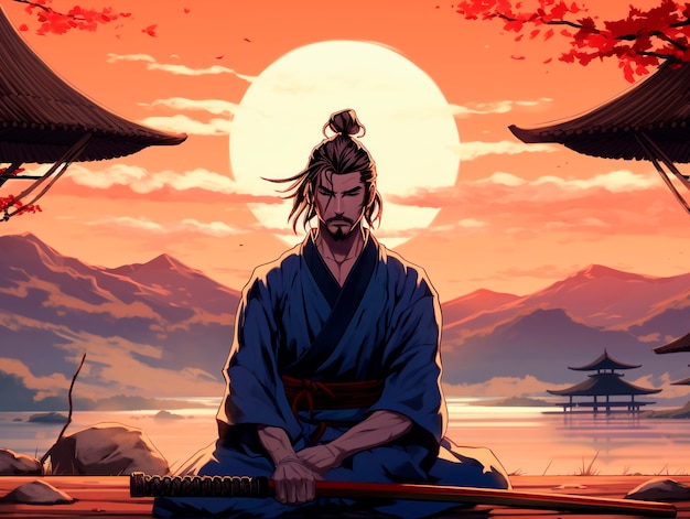 Porträt eines traditionellen japanischen Samurai-Charakters im Anime-Stil