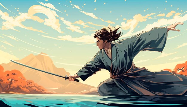 Porträt eines traditionellen japanischen Samurai-Charakters im Anime-Stil