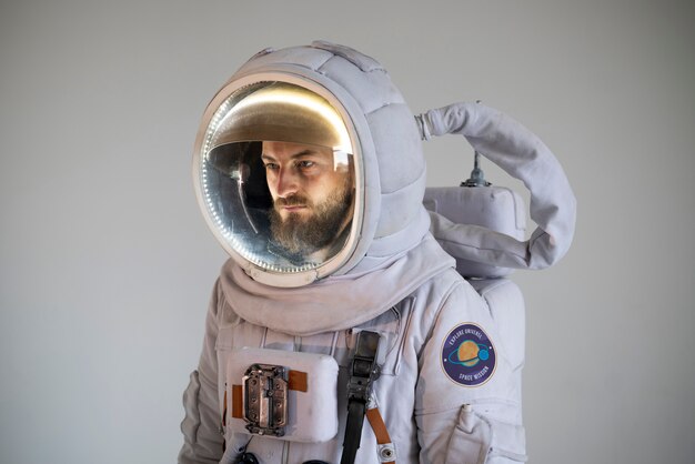 Porträt eines voll ausgestatteten männlichen Astronauten im Raumanzug