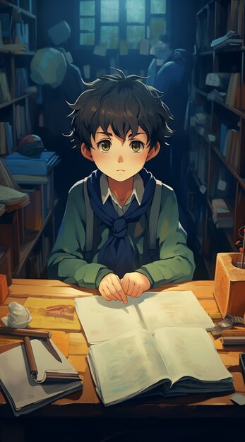 Porträt in Anime-Stil eines jungen Schülers, der die Schule besucht