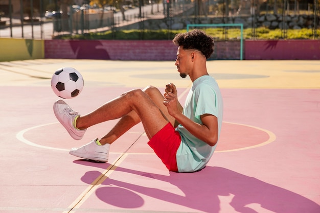 Porträt junger Mann, der Fußball mit Füßen spielt