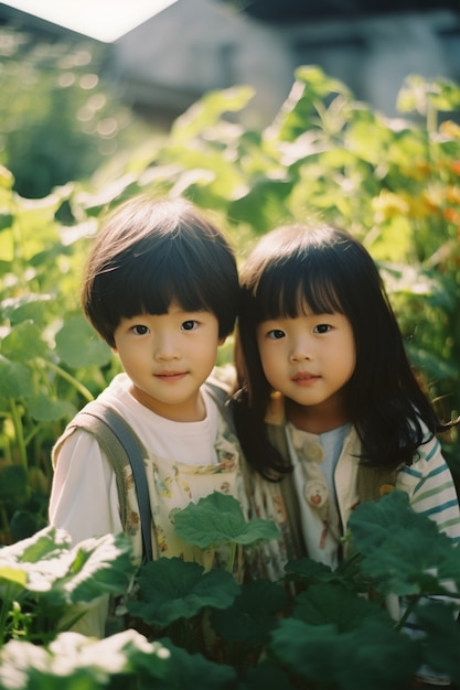 Kostenloses Foto porträt von entzückenden kindern im garten