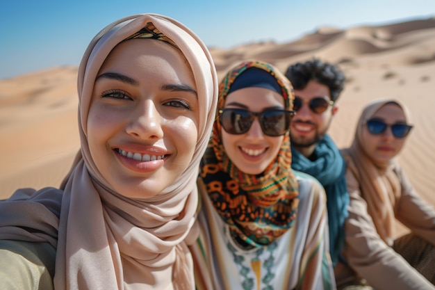 Kostenloses Foto porträt von freunden, die die luxuriöse stadt dubai besuchen