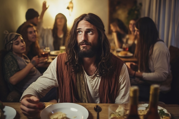 Kostenloses Foto porträt von jesus, der zeitgenössische dinge in der modernen welt tut