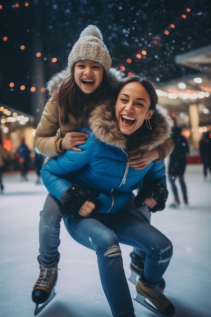 Kostenloses Foto porträt von menschen, die im winter im freien eislaufen