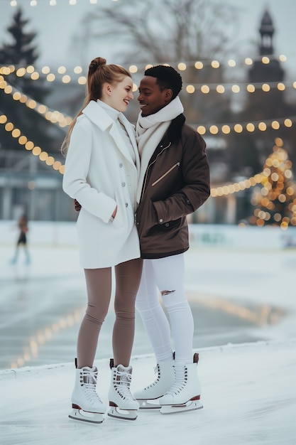 Kostenloses Foto porträt von menschen, die im winter im freien eislaufen