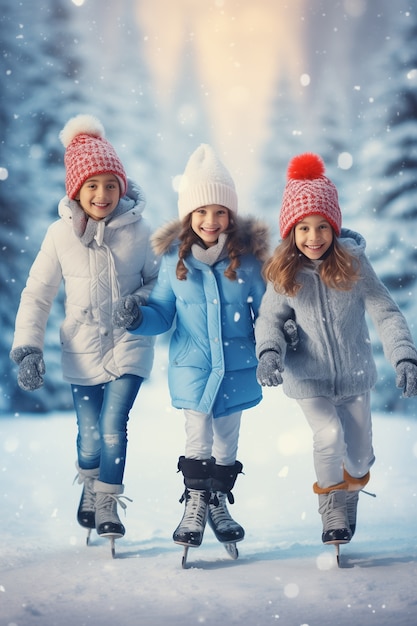 Porträt von Menschen, die im Winter im Freien Eislaufen