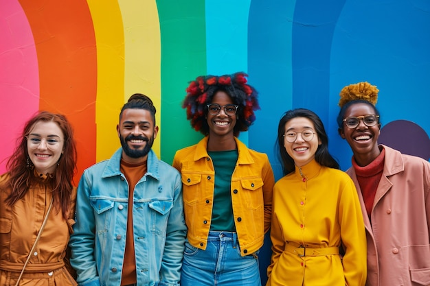 Porträt von Menschen mit farbenfrohen Regenbogen aus ihren Gedanken und Gehirn auf blauem Hintergrund