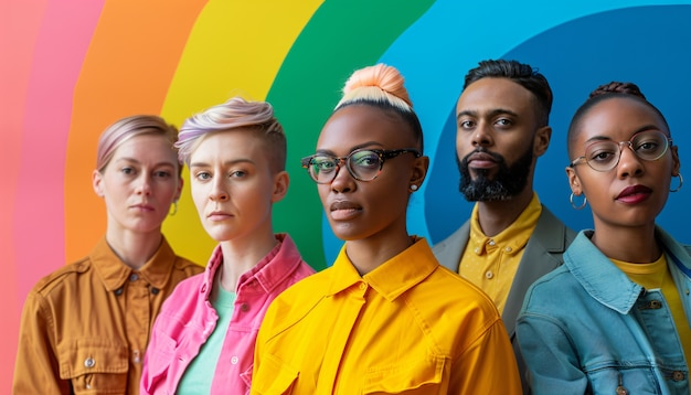Porträt von Menschen mit farbenfrohen Regenbogen aus ihren Gedanken und Gehirn auf blauem Hintergrund