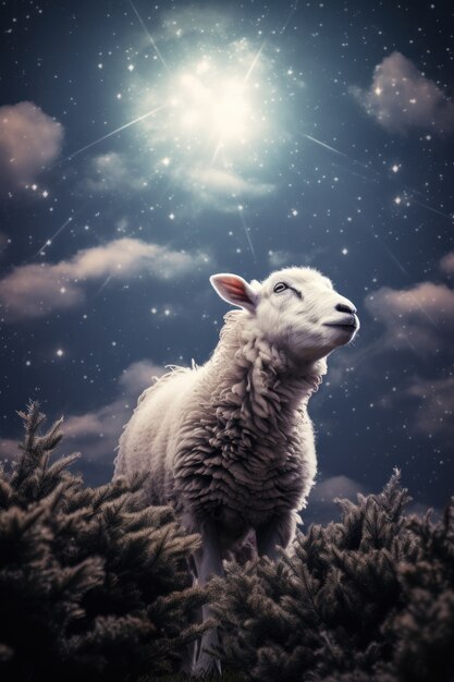 Porträt von Schafen in der Nacht mit Mond