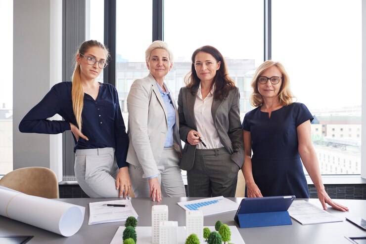 Kostenlose Foto porträt von vier geschäftsfrauen im büro