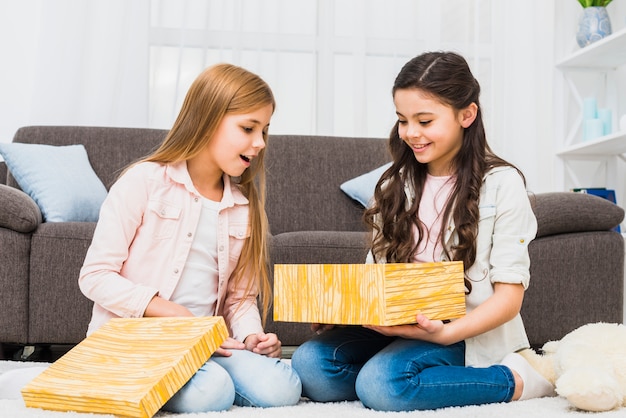 Porträt von zwei lächelnden Mädchen, welche die Geschenkbox sitzt im Wohnzimmer betrachten