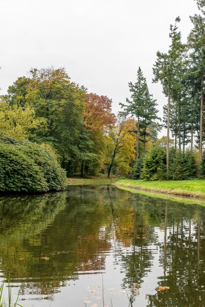 Porträtaufnahme eines Parks mit einem See und verschiedenen Baumarten und einem klaren Himmel