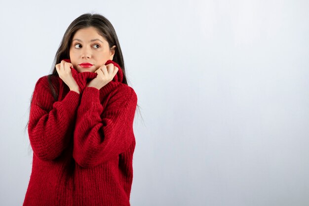 Porträtfoto eines jungen Frauenmodells im roten warmen Pullover, der steht und posiert