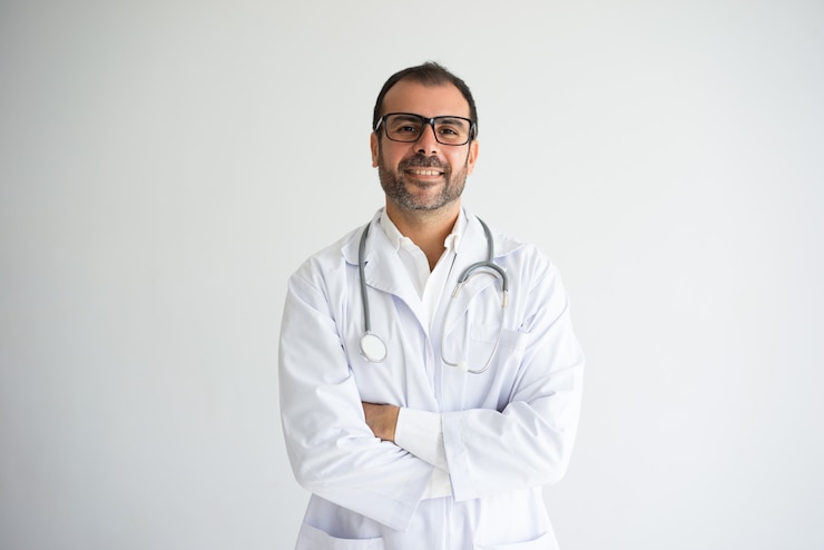 Kostenlose Foto portrait des erfolgreichen mittleren erwachsenen doktors mit den gekreuzten armen.