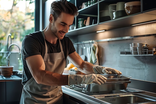 Kostenloses Foto portrait of man doing household chores and participating in the cleaning of the home