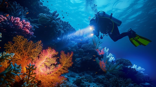 Kostenloses Foto portrait of scuba diver in the sea water with marine life