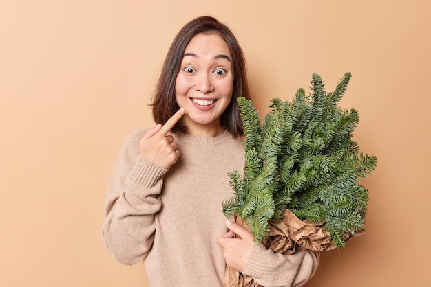 Positive asiatische Frau zeigt auf zahniges Lächeln, drückt positive Emotionen aus, umarmt Bouquet von Fichtenzweigen, die vom Weihnachtsmarkt zurückkommen, bereitet sich auf Winterferien vor, isoliert über brauner Wand