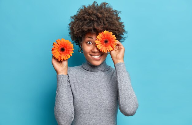 Positive Frau hält orange Gerbera bedeckt Augenposen mit Lieblingsblumen gekleidet in lässigem grauem Rollkragenpullover lokalisiert über blauer Wand