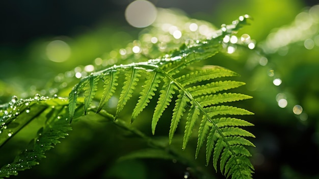 Üppige und grüne Farne, geschmückt mit Tautropfen, die das Morgenlicht reflektieren. Lebhaftes Grün und funkelnder Tau vermitteln die Frische der Natur