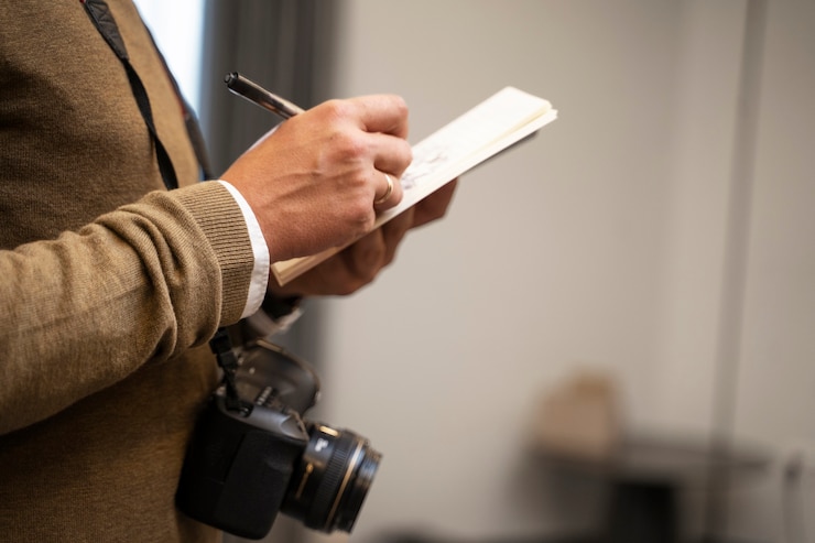 Kostenlose Foto pressereporter auf spurensuche in einem fall