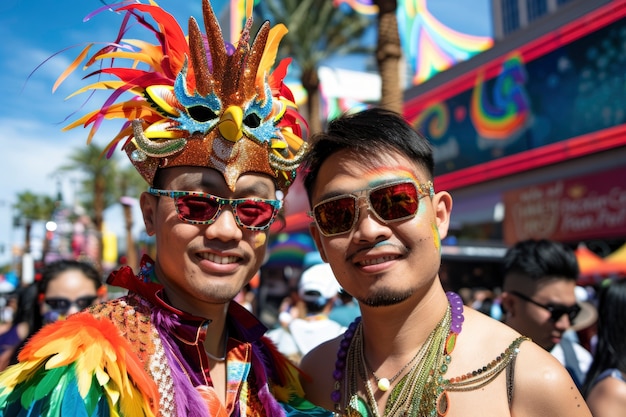 Pride-Szene mit Regenbogenfarben und Männern, die ihre Sexualität feiern